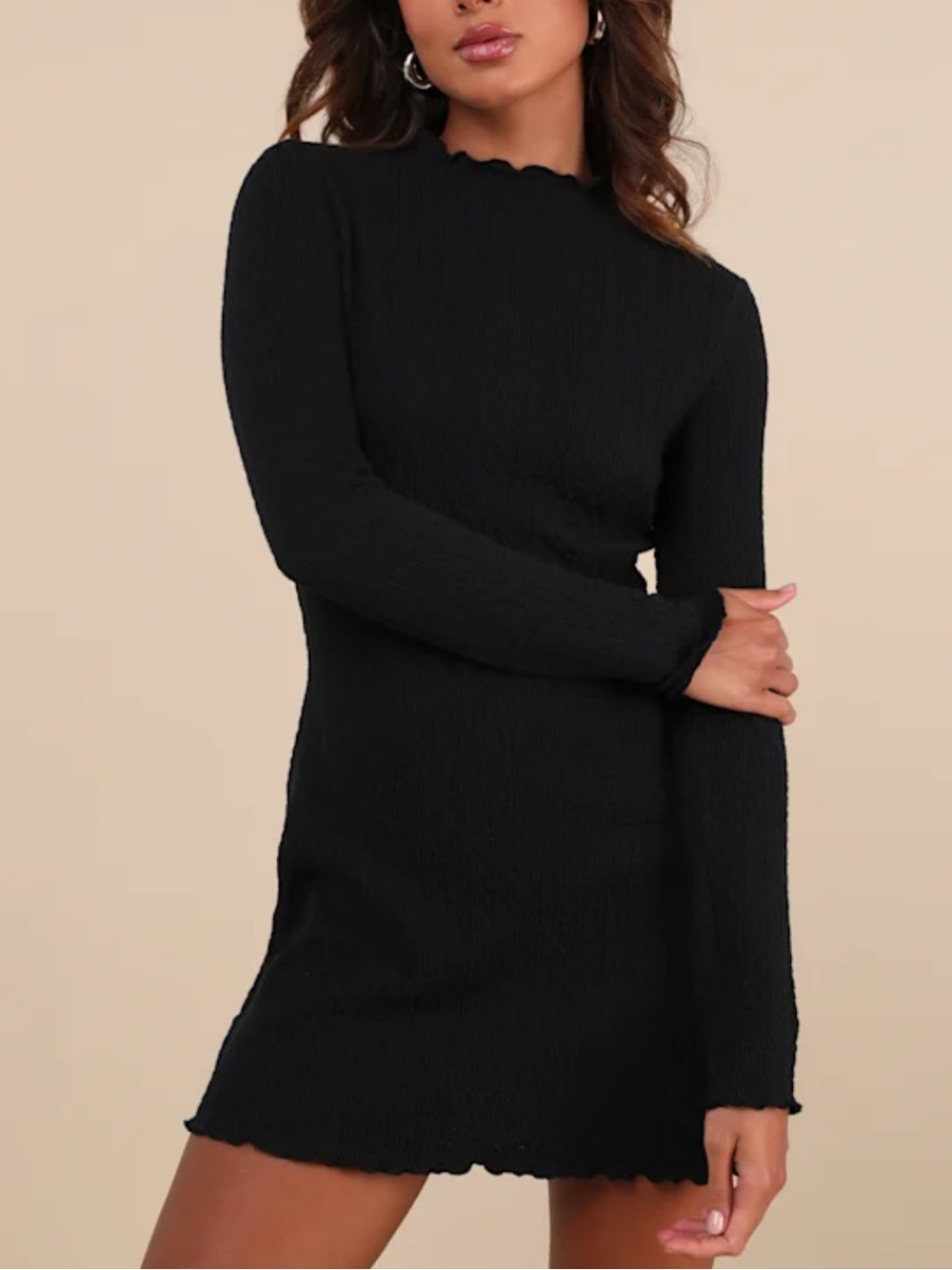 NWT Lulu's Mini Dress Small Black Flattering Forecast Long Slvs Textured Stretch